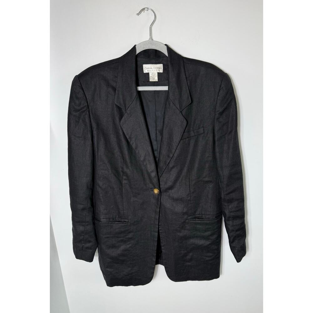 Vtg 90s Casual Corner 12P Black 100% Linen Lined One Button Longline Blazer EUC - Picture 2 of 7